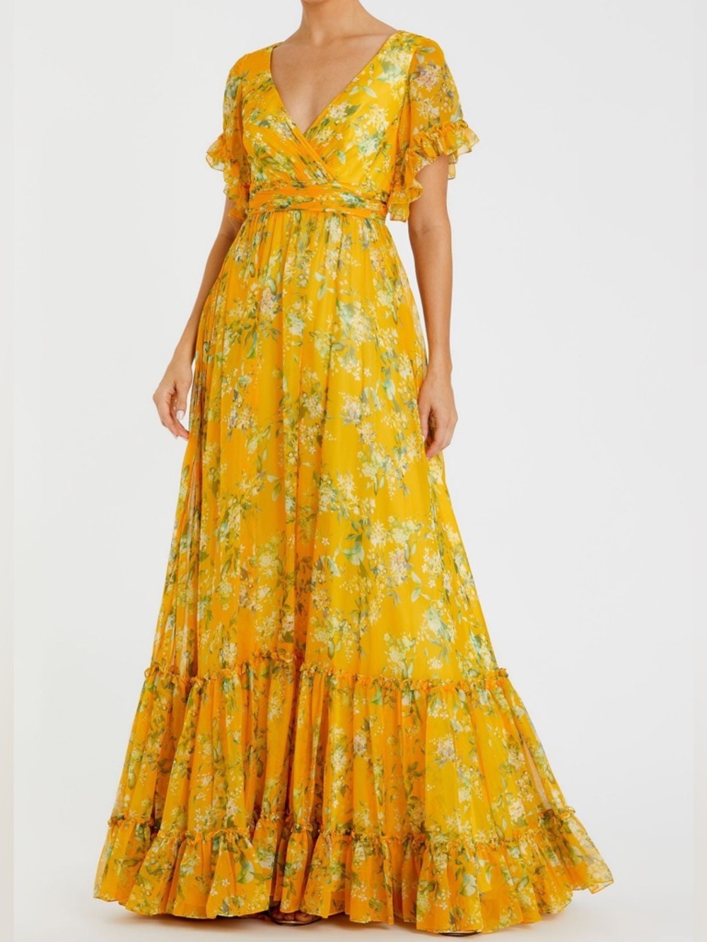 New Mac Duggal Sz 8 Golden Yellow Floral Wrap Maxi Dress 70241